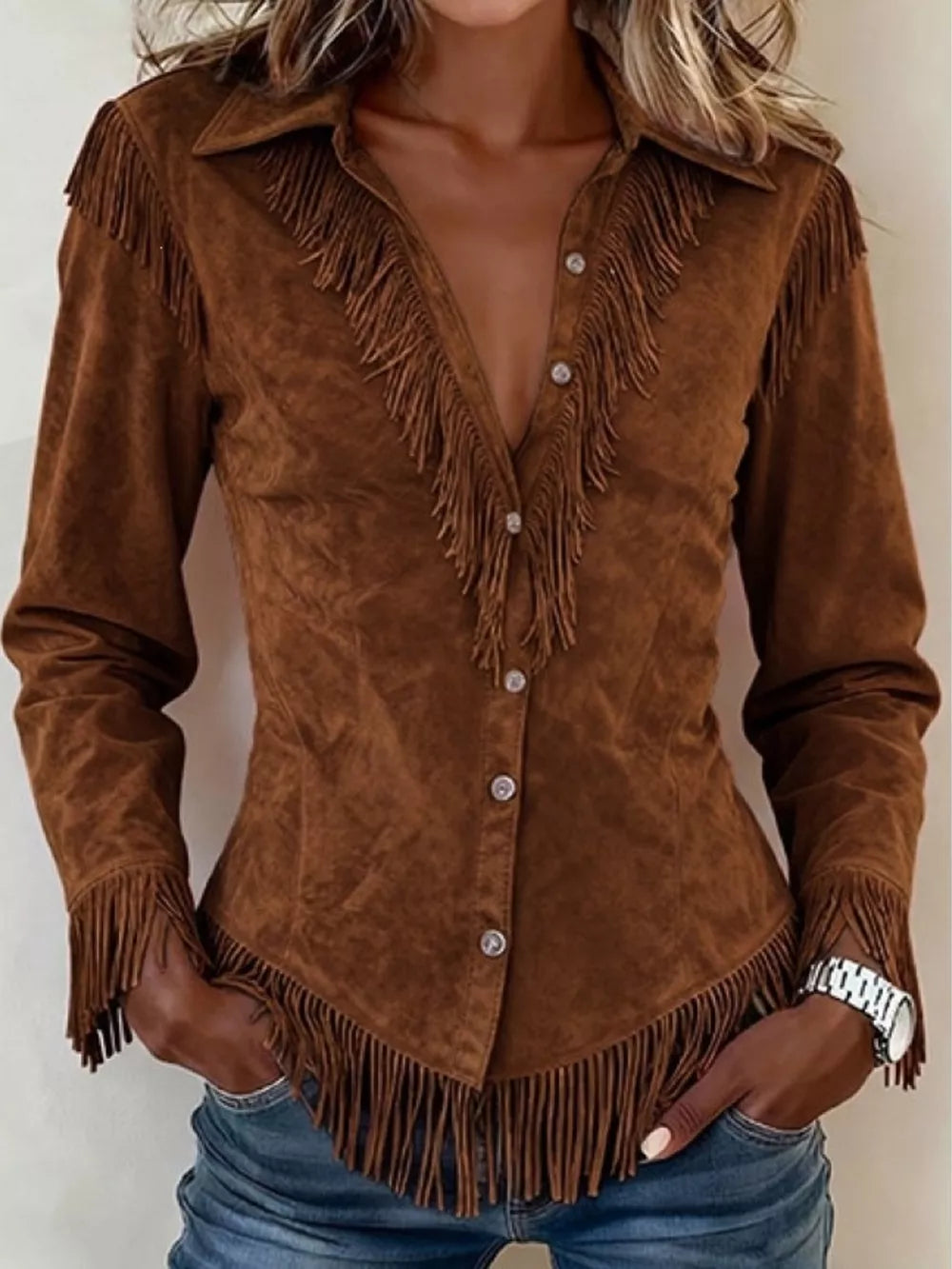 button-up shirt in brown featuring fringe and fitted fit