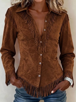 button-up shirt in brown featuring fringe and fitted fit