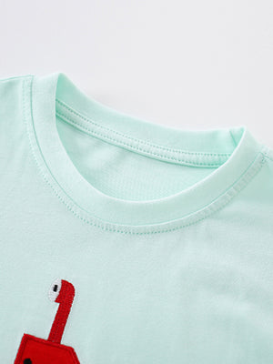 Light blue cotton crew neck t-shirt with red embroidered submarine detail.