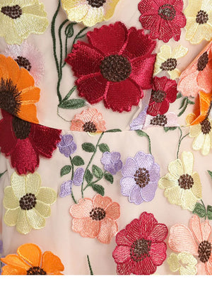 Sheer dress with embroidered floral appliques in red, orange, yellow, pink, and purple.