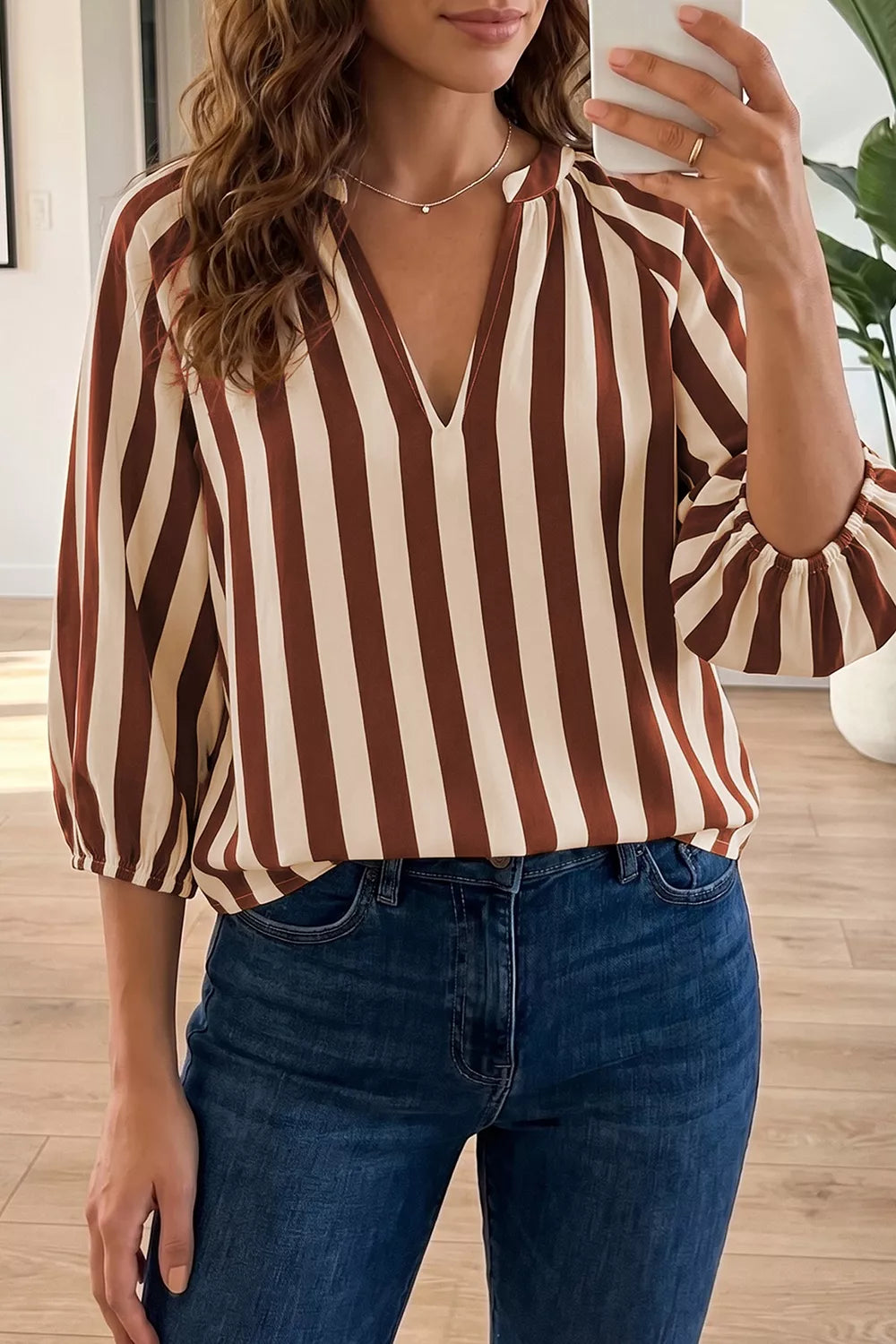 Striped Notched Half Sleeve Casual Blouse in Camel