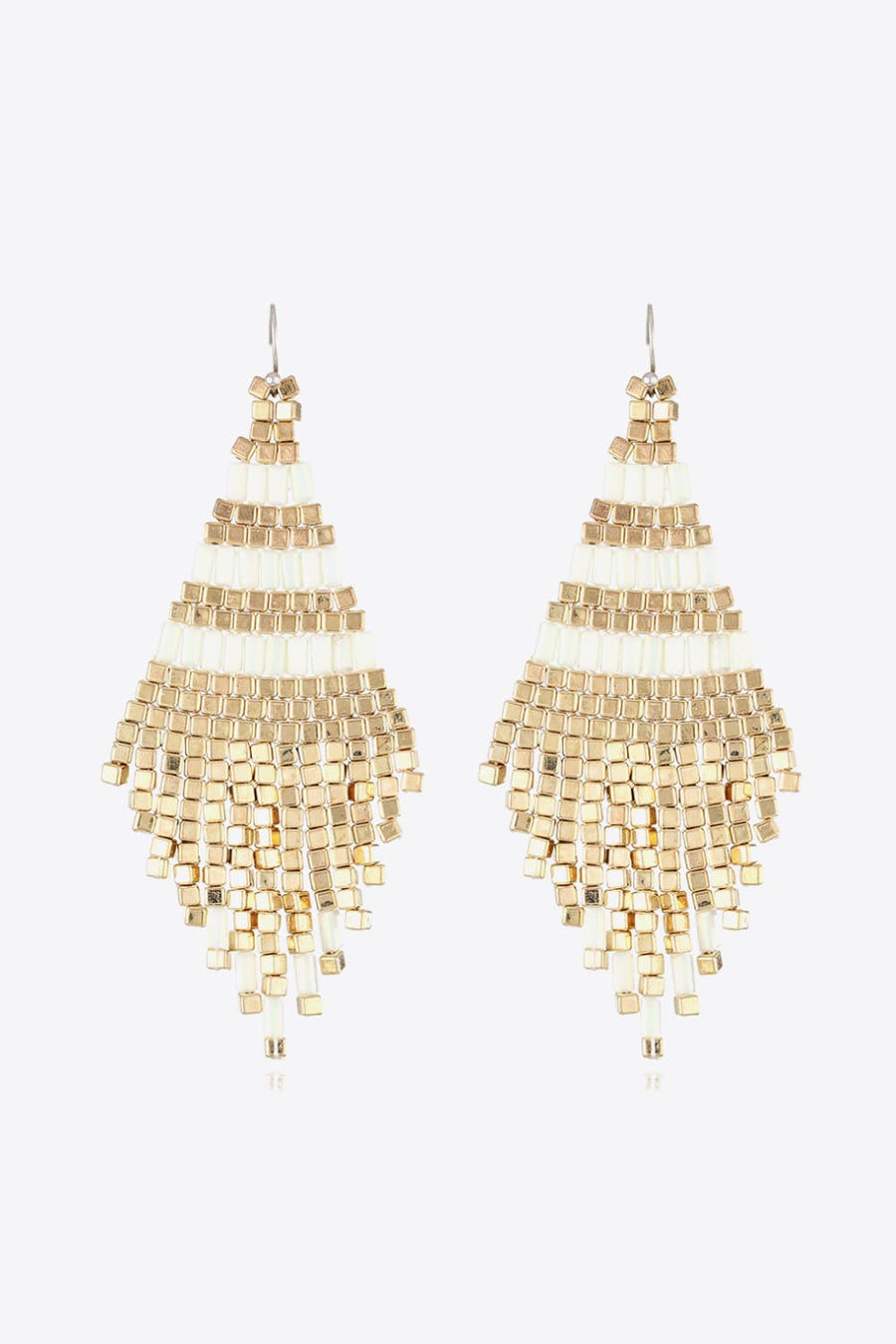 Geometric beaded fringe earrings with gold and white beads.