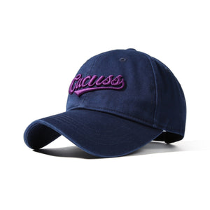 Navy blue cotton baseball cap with purple embroidered text detail.