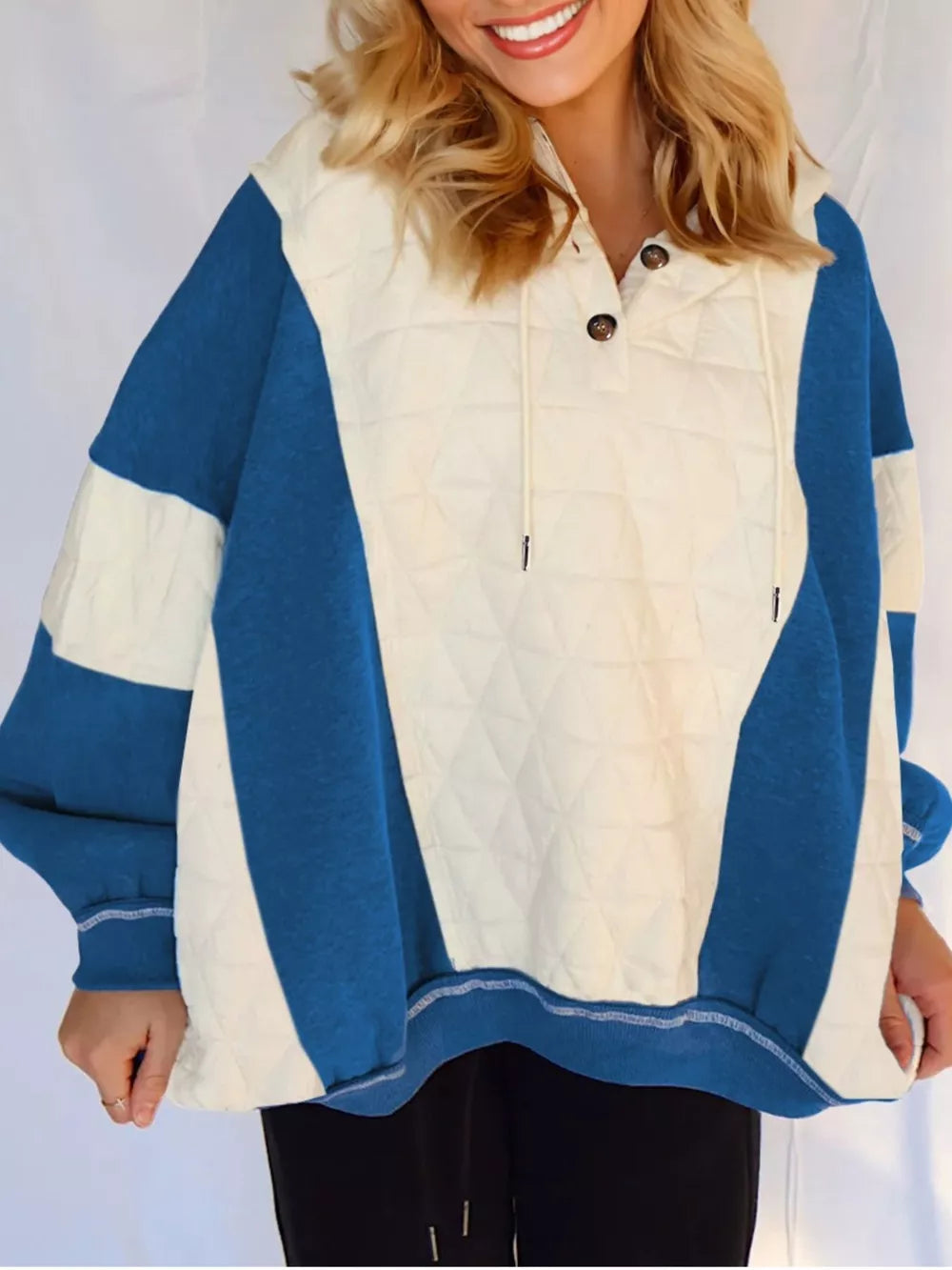 Quilted Fleece Color Block Oversize Hoodie in Ivory