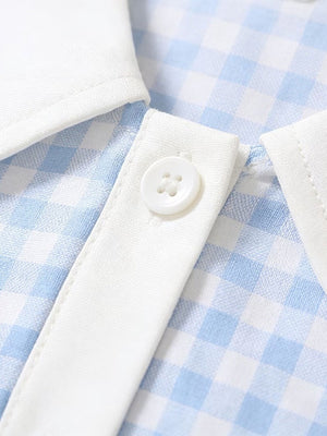 Sky blue gingham toddler dress with white collar and button detail