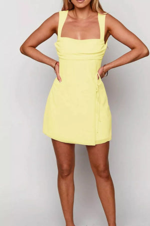 Yellow ruched mini dress with square neckline and tie detail