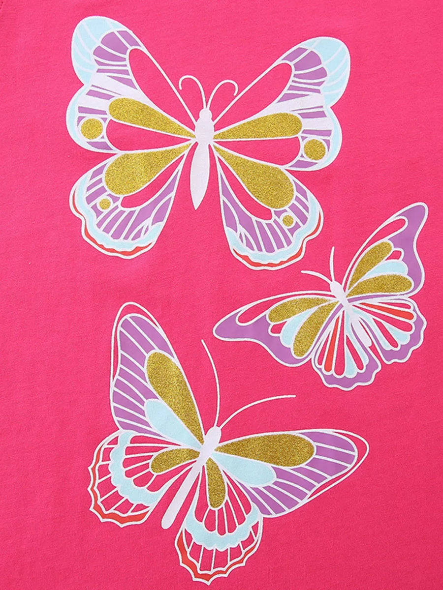 Toddler cotton set with three colorful butterfly appliqués on pink fabric.