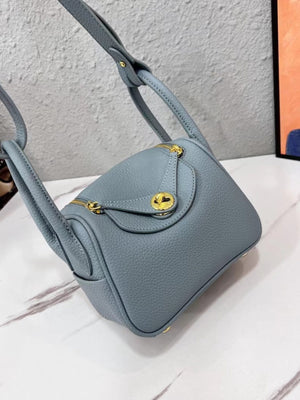 Gold-Tone Hardware Leather Crossbody Bag in Gray Blue