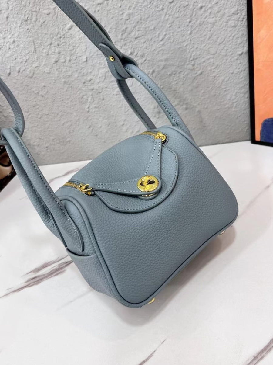 Gold-Tone Hardware Leather Crossbody Bag in Gray Blue