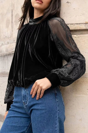 Solid Sheer Lace Velvet Blouse option 3