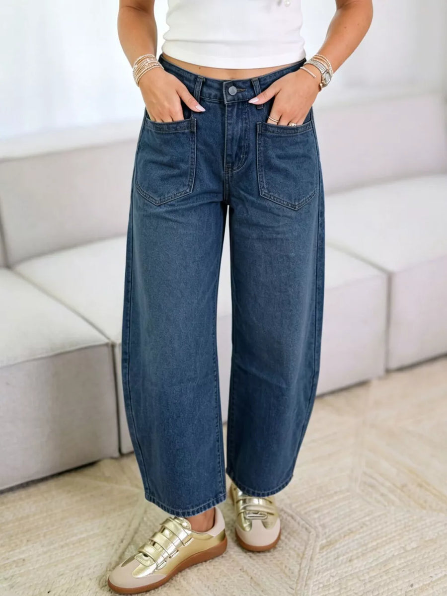 wide-leg jeans in chocolate brown with patch pockets and ankle-length