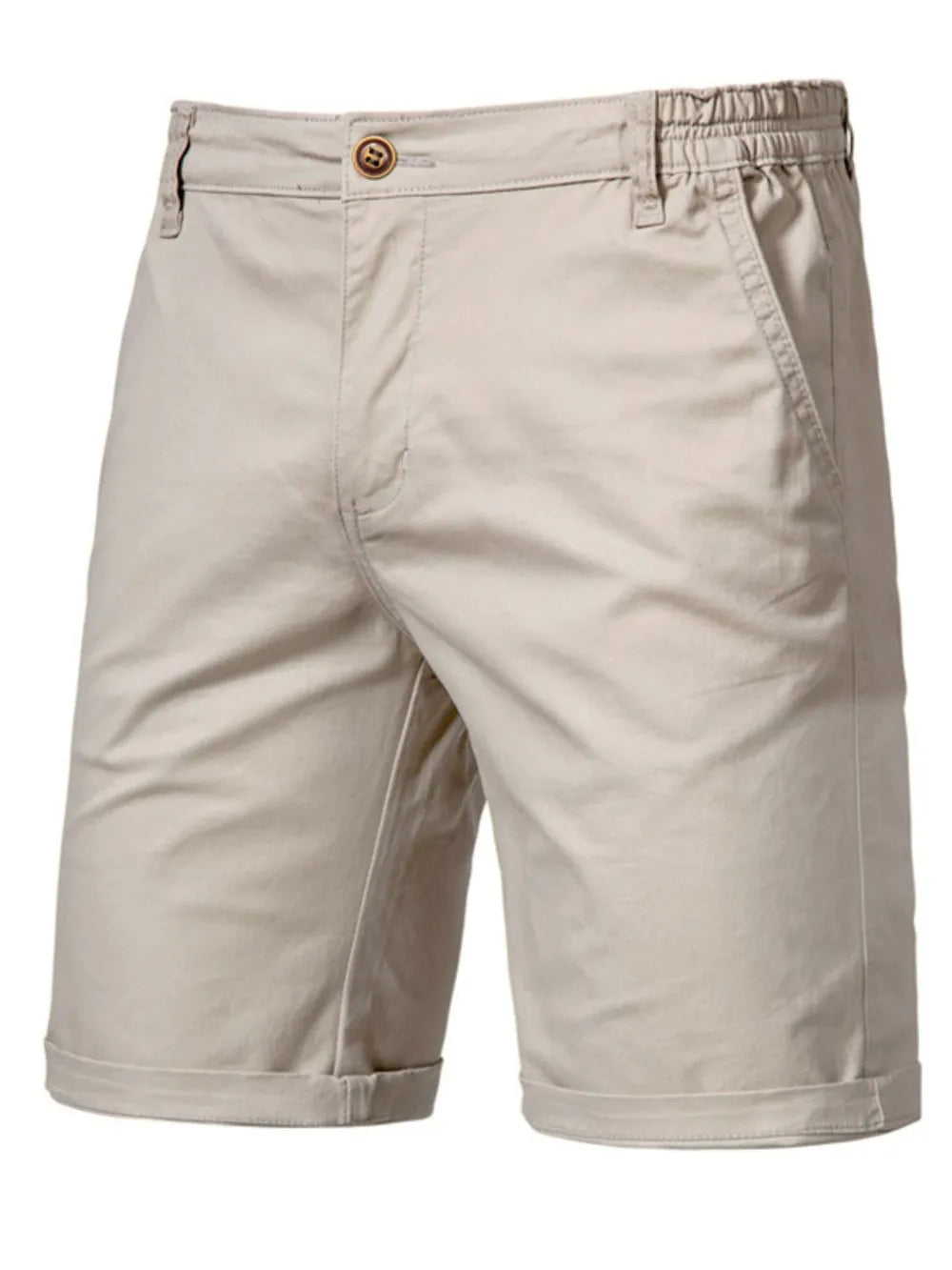 Khaki relaxed-fit chino shorts with elastic waist and cuffed hem