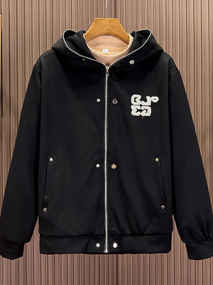 Men's black zippered long-sleeve hoodie with graphic detail and buttoned pockets