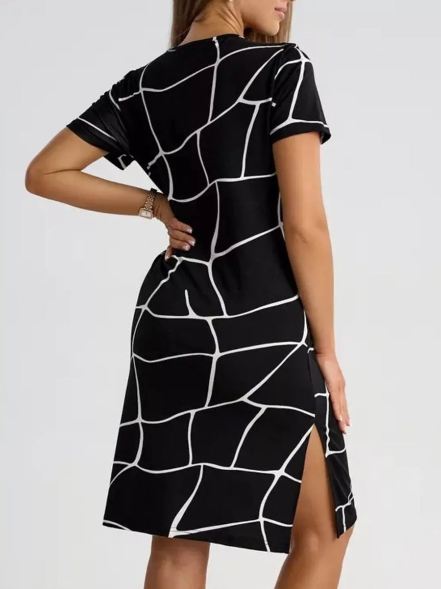 Full Size Geometric Print Midi Dress With Side Slit in Beige