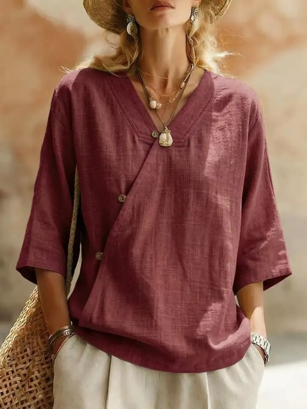 Surplice 3/4 Sleeve Blouse in Light Blue