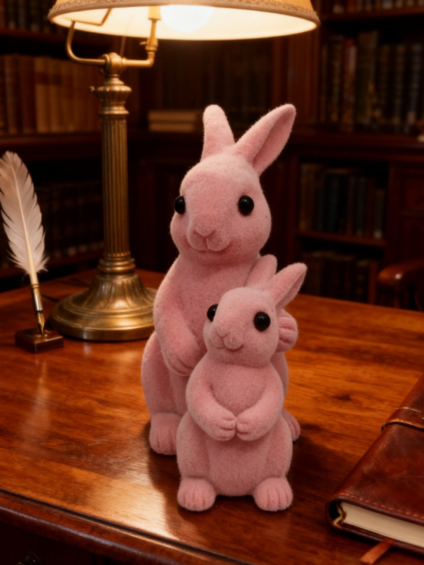 Pink fuzzy bunny ornaments with black eyes on a wooden desk.