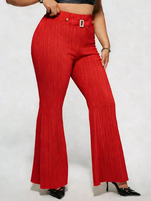 Deep Red ribbed high-waist flare maternity trousers with buckle detail and wide leg.