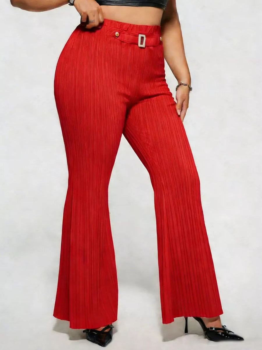 Deep Red ribbed high-waist flare maternity trousers with buckle detail and wide leg.