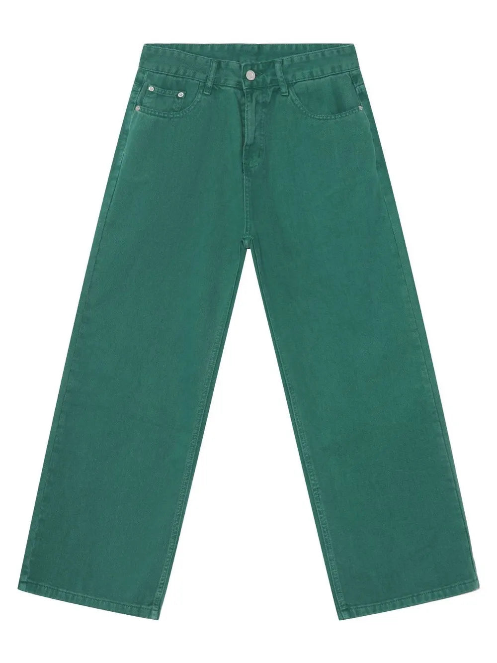 Dark green rigid denim wide-leg trousers with classic five-pocket styling.