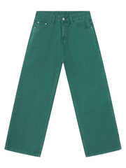 Dark green rigid denim wide-leg trousers with classic five-pocket styling.