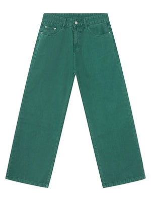 Dark green rigid denim wide-leg trousers with classic five-pocket styling.