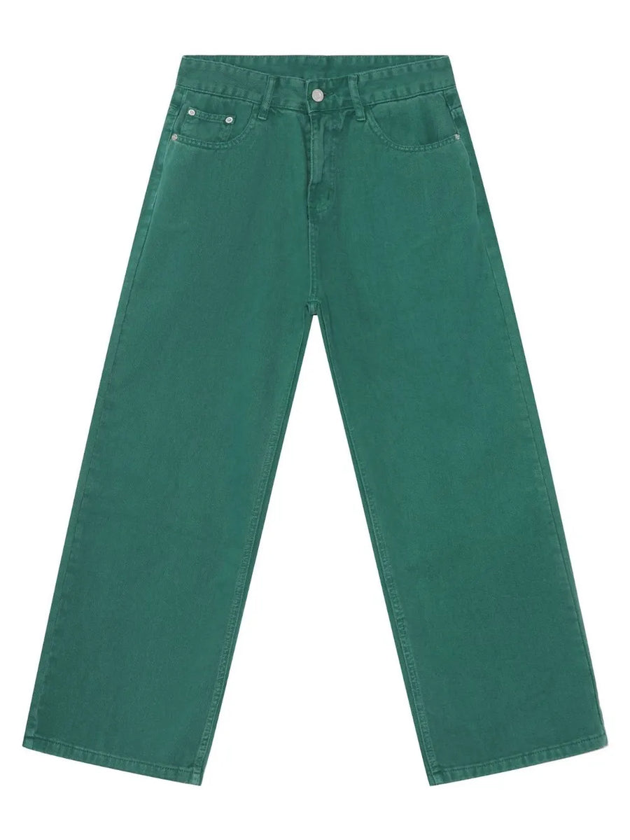 Dark green rigid denim wide-leg trousers with classic five-pocket styling.