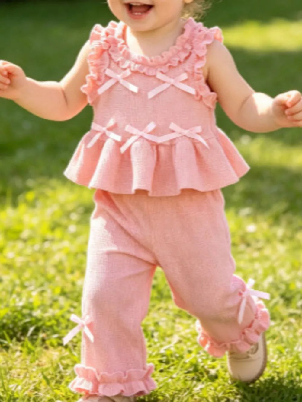 Pink Children's Bow Waffle Knit Top And Pants Set