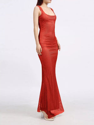 Red mesh maxi dress with scoop neck and sleeveless cut, floor length with flared hem.
