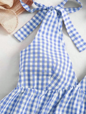 Blue gingham tie-shoulder maternity mini dress with ruffle hem detail