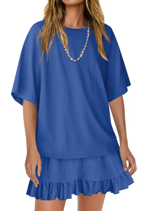 Sapphire blue relaxed fit tee and ruffled skirt set with short sleeves and crew neck.