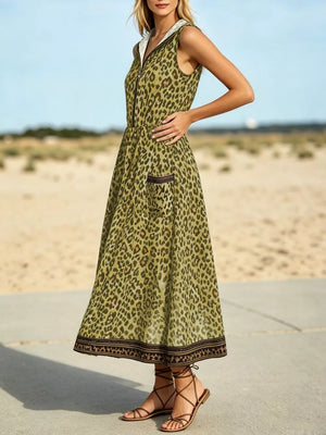 maxi dress in Green with leopard and pocketed