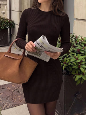 50% viscose, 28% polyester, 22% polyamide Care instructions: Machine wash cold sweater dress in Brown with fitted silhouette