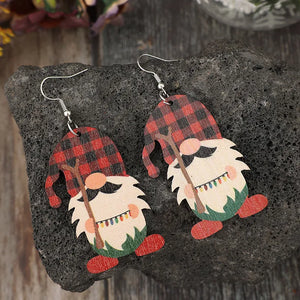 Plaid gnome dangle earrings in deep red wood with festive lights detail