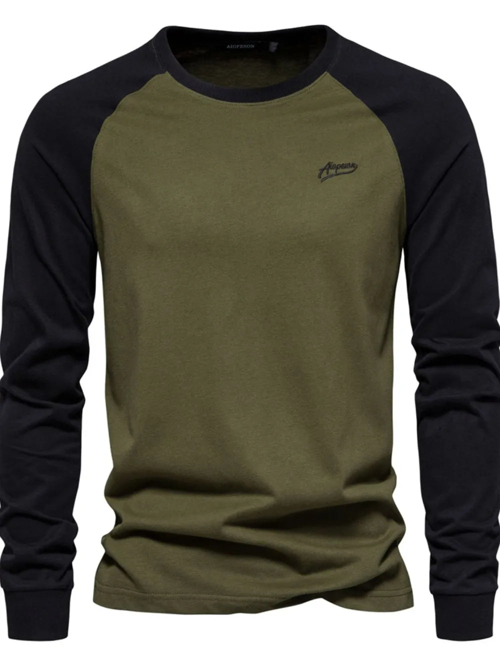 Army green and black colorblock raglan long sleeve tee with embroidered logo.