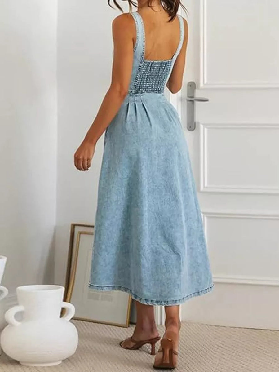 95%cotton, 5%spandex Care instructions: Machine wash cold midi dress in Light Blue with A-line silhouette