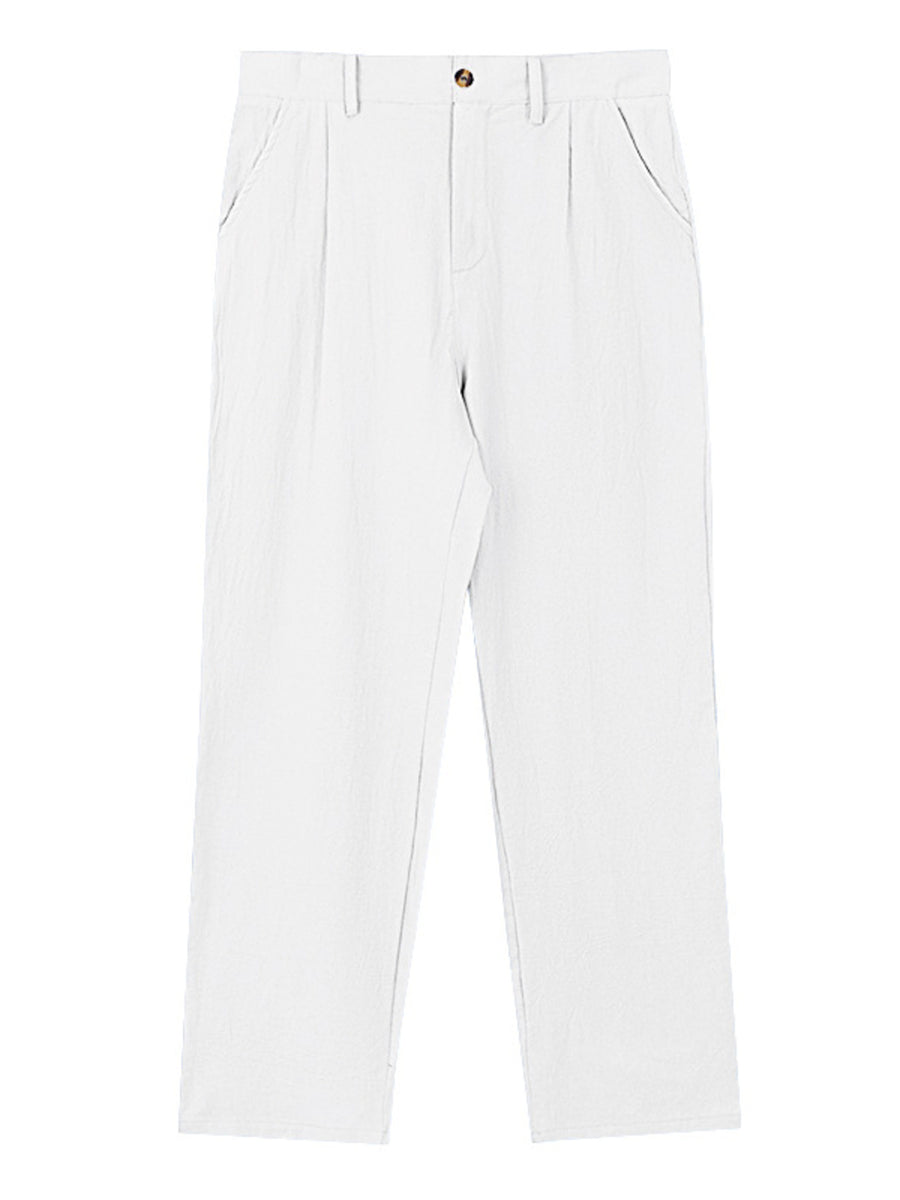 White relaxed fit sweatpants with front pleats and button closure.