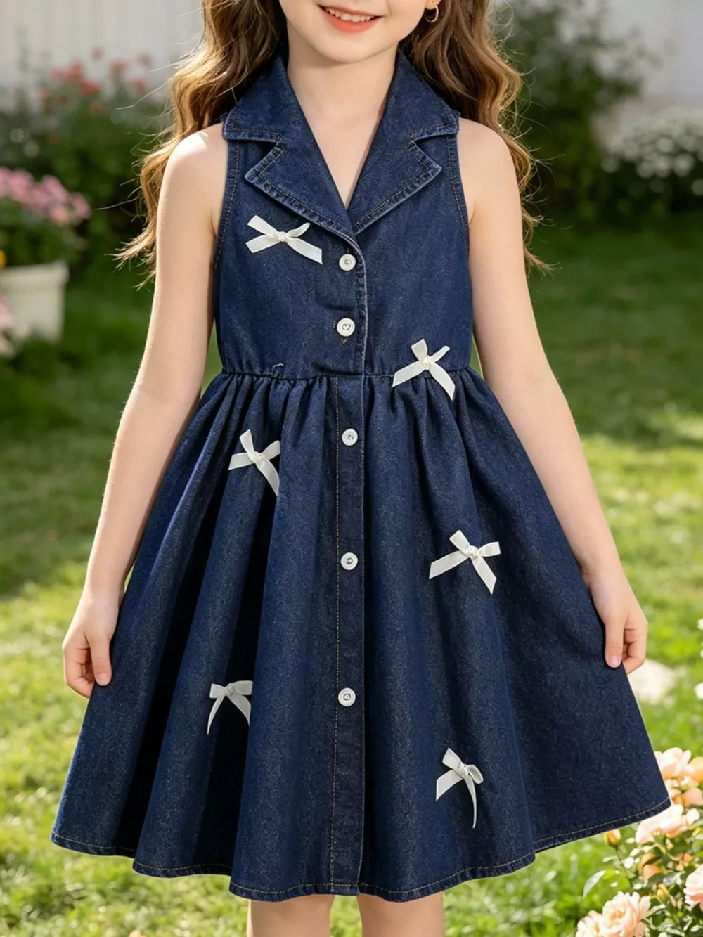 Dark blue denim sleeveless dress with white bowknot details and button-down front.