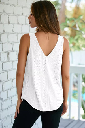 White eyelet knit V-neck tank top with a curved hem.