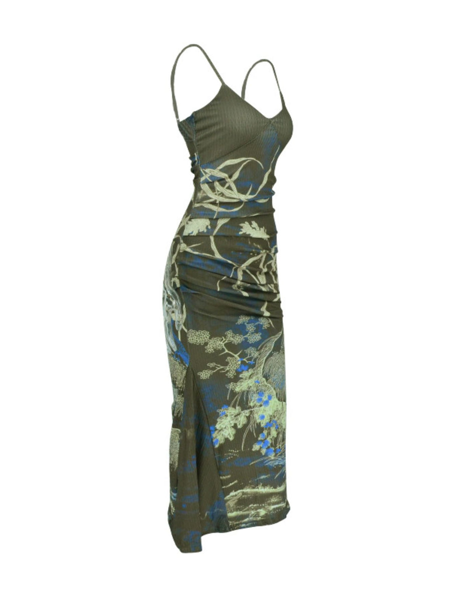 Brown botanical print spaghetti strap maxi dress with ruched side and slit