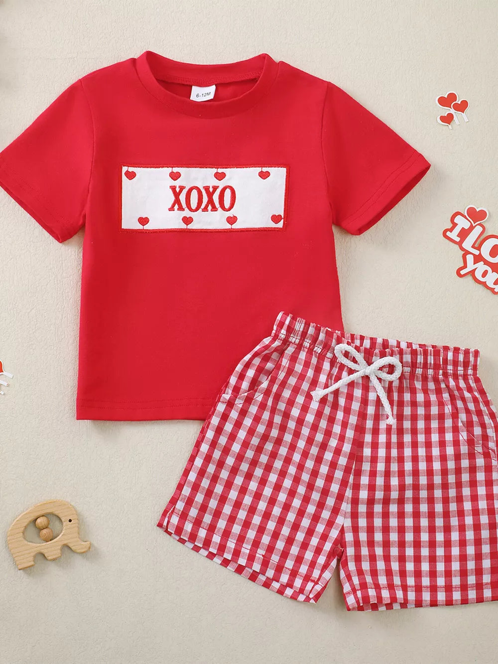 Red baby set with XOXO heart print top and red gingham shorts
