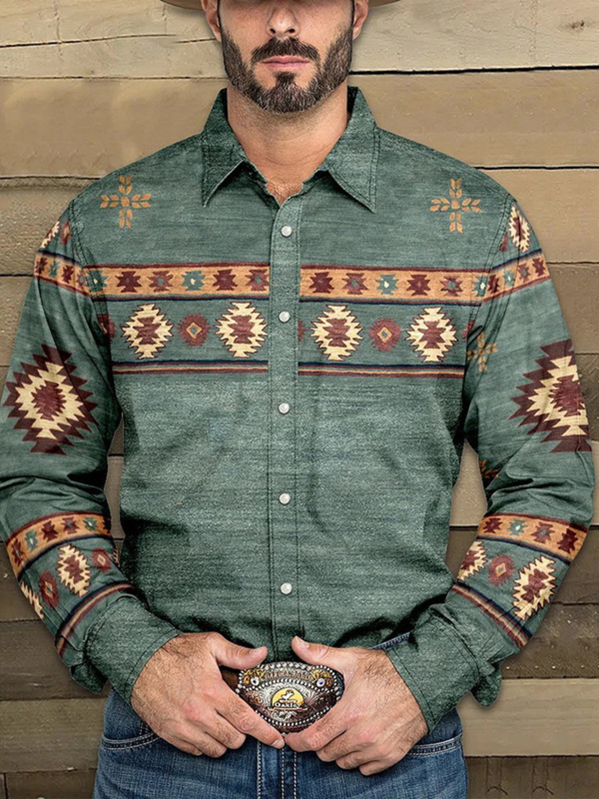 Deep Red Men's Full Size Geometric Print Long Sleeve Shirt