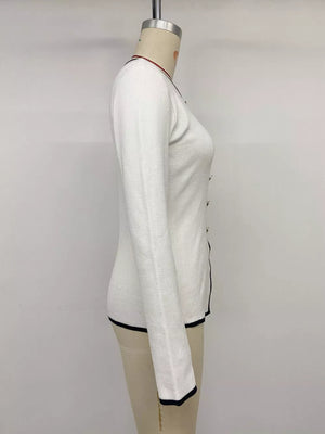 Contrast Trim Button Decor Knit Top in White, view 12