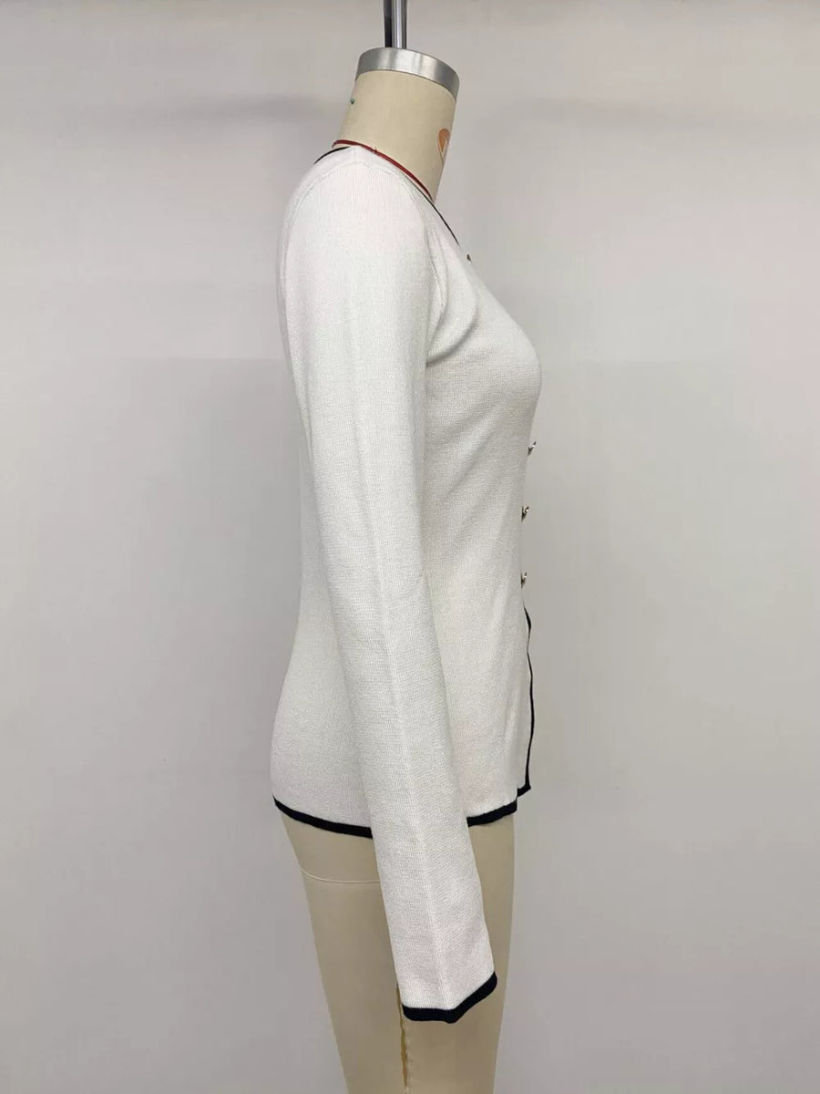 Contrast Trim Button Decor Knit Top in White, view 12