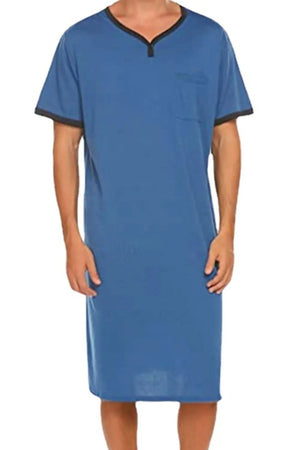 Blue sleep shirt dress with contrast trim neckline and sleeves, V-neck, short sleeves, chest pocket.