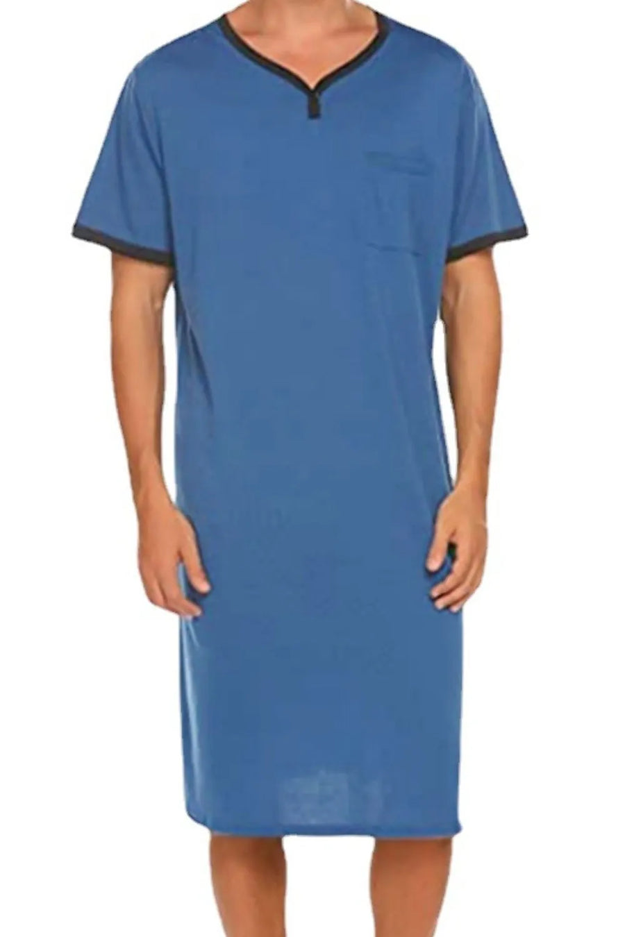 Blue sleep shirt dress with contrast trim neckline and sleeves, V-neck, short sleeves, chest pocket.