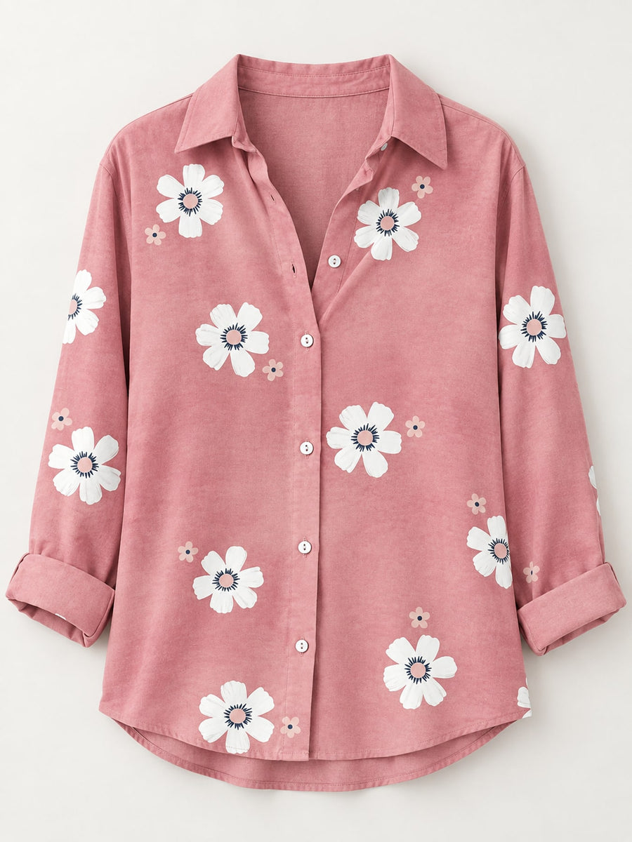 button-down shirt featuring floral in white with 95% or more polyester texture