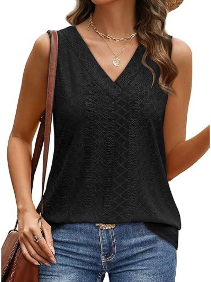Black eyelet V-neck sleeveless tank top with a textured pattern.