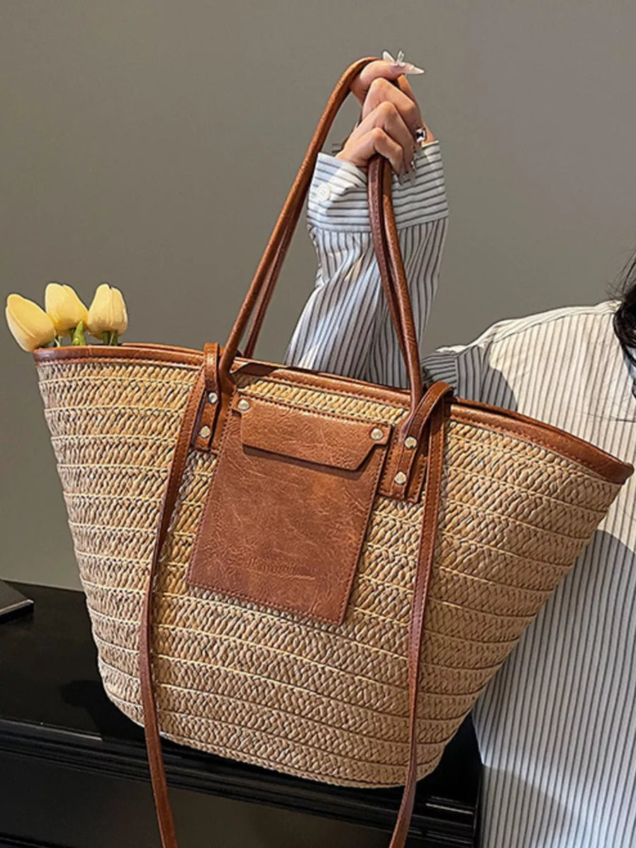 Straw Woven Shoulder Bag With Leather Accents option 5