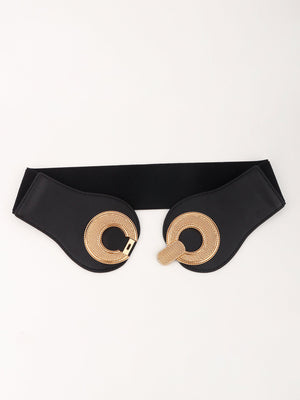 Black elastic belt with sculpted gold metalwork circles and clasp closure