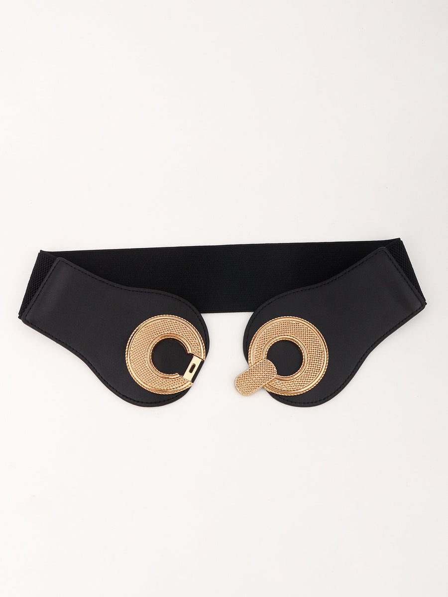 Black elastic belt with sculpted gold metalwork circles and clasp closure
